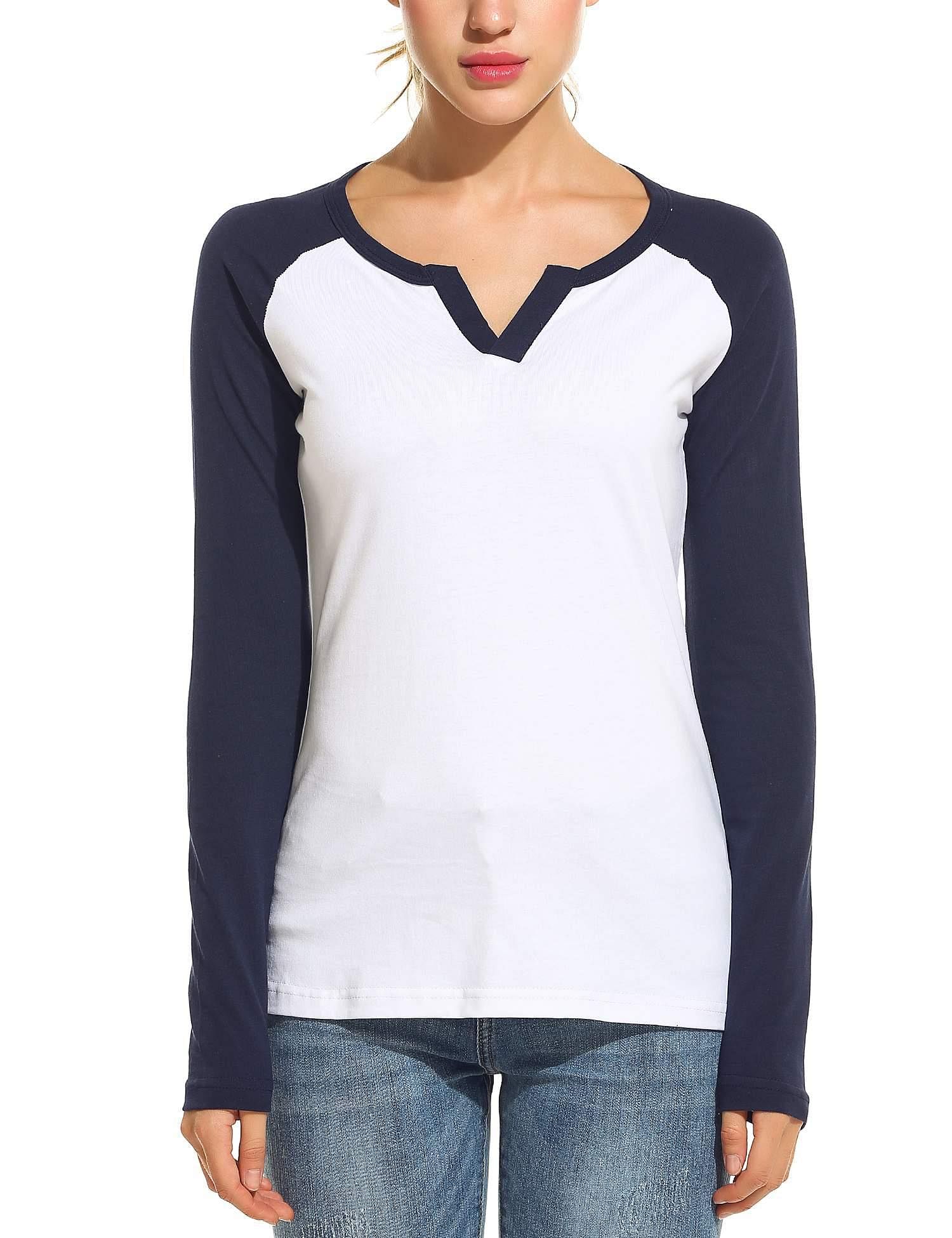 Navy Blue New Women Casual V-Neck 3/4 Sleeve Patchwork Contrast Color T-Shirt