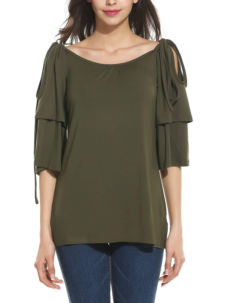 Army Green New Women Casual O-Neck Half Ruffle Sleeve Off Shoulder Adjustable Lace-up Elastic T-Shirt Top