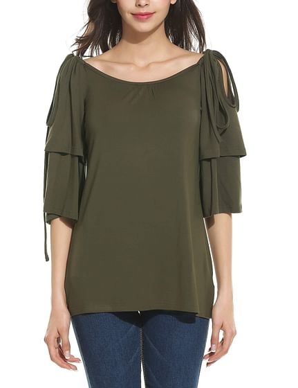 Army Green New Women Casual O-Neck Half Ruffle Sleeve Off Shoulder Adjustable Lace-up Elastic T-Shirt Top