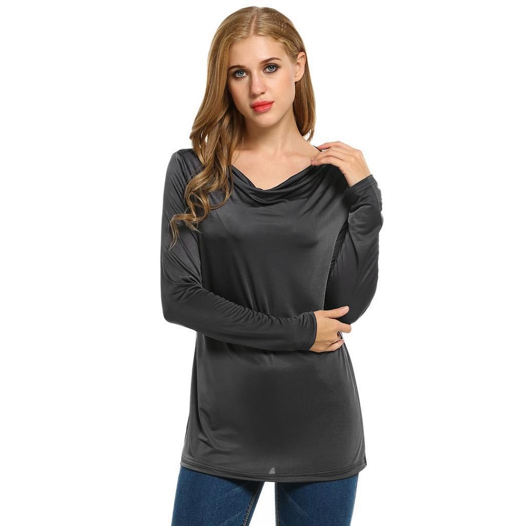 Dark Gray Women Fashion Loose Cowl Neck Long Sleeve Solid T-Shirt Top