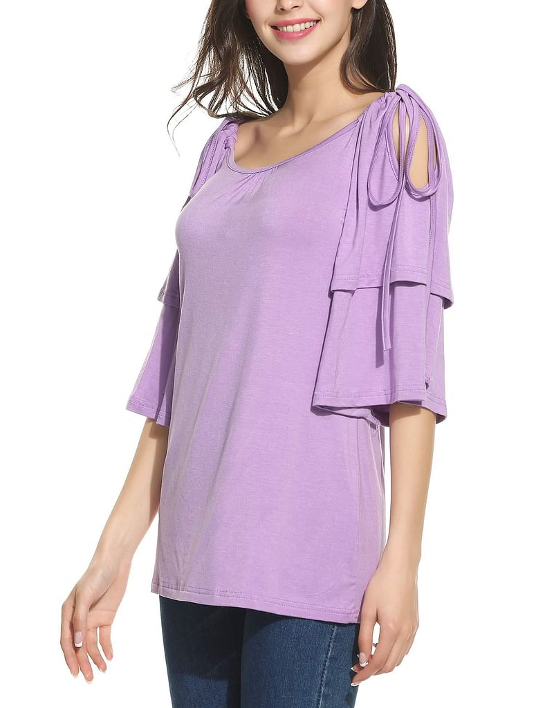 Light Purple New Women Casual O-Neck Half Ruffle Sleeve Off Shoulder Adjustable Lace-up Elastic T-Shirt Top