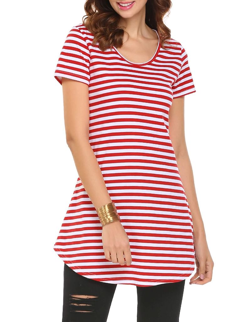 Red Women Casual Round Neck Short Sleeve Striped Tunic T-Shirt Top