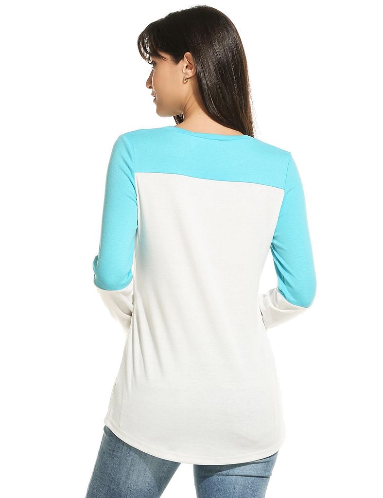 Blue New Women Casual O-Neck Long Sleeve Patchwork Elastic T-Shirt