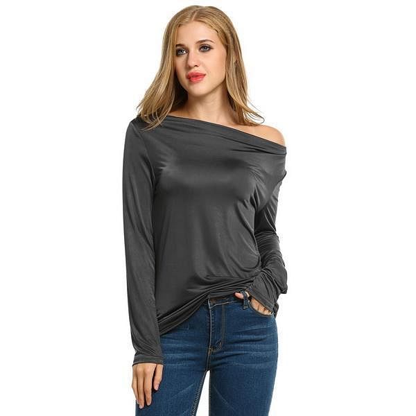 Dark Gray Women Fashion Loose Cowl Neck Long Sleeve Solid T-Shirt Top