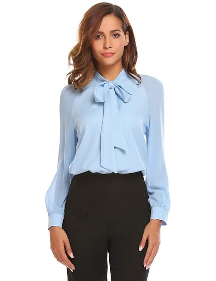 Light Blue Women Bow-Tie Neck Long Sleeve Patchwork Casual Button Down Shirt