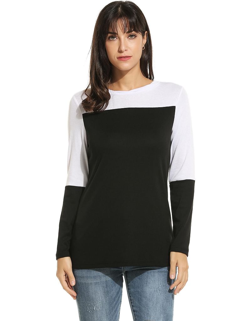 Black New Women Casual O-Neck Long Sleeve Patchwork Elastic T-Shirt