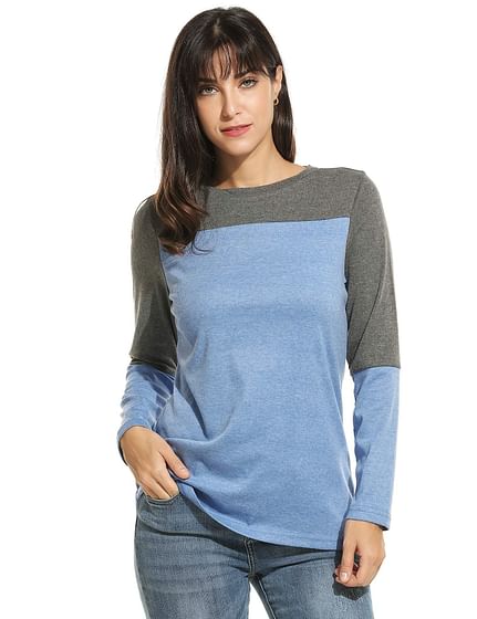 Blue New Women Casual O-Neck Long Sleeve Patchwork Elastic T-Shirt