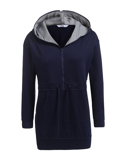 Navy blue Women Casual Zipper Hooded Long Sleeve Waist Drawstring Pocket Hoodie