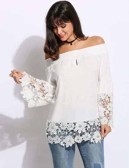 White Sexy Women Off Shoulder Slash Neck Flare Sleeve Lace Patchwork Blouse Tops