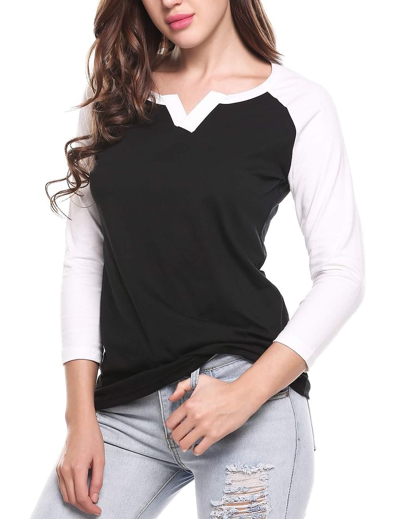 Navy Blue New Women Casual V-Neck 3/4 Sleeve Patchwork Contrast Color T-Shirt