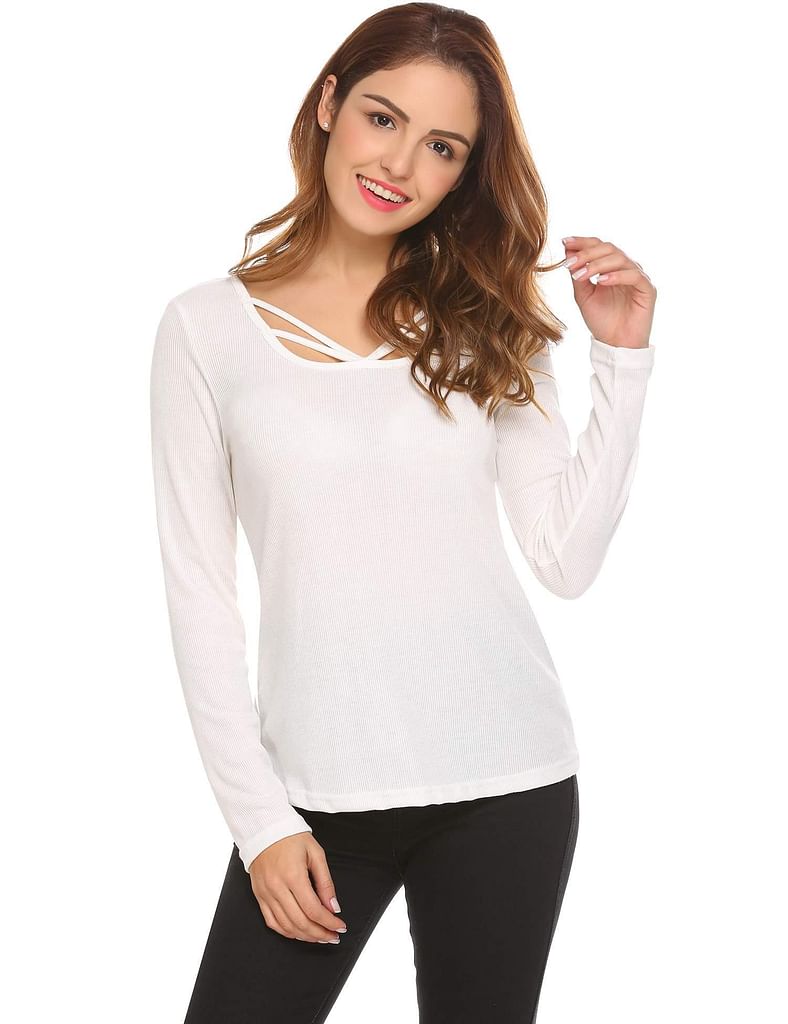 White Women V-Neck Strappy Cut Out Long Sleeve Solid Casual T-Shirt Top