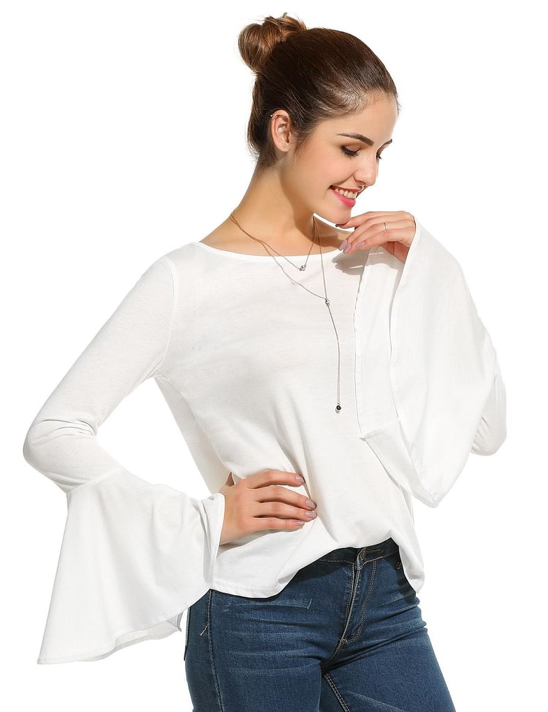 White New Women Casual O-Neck Flare Sleeve Back Lace Up Blouse Tops