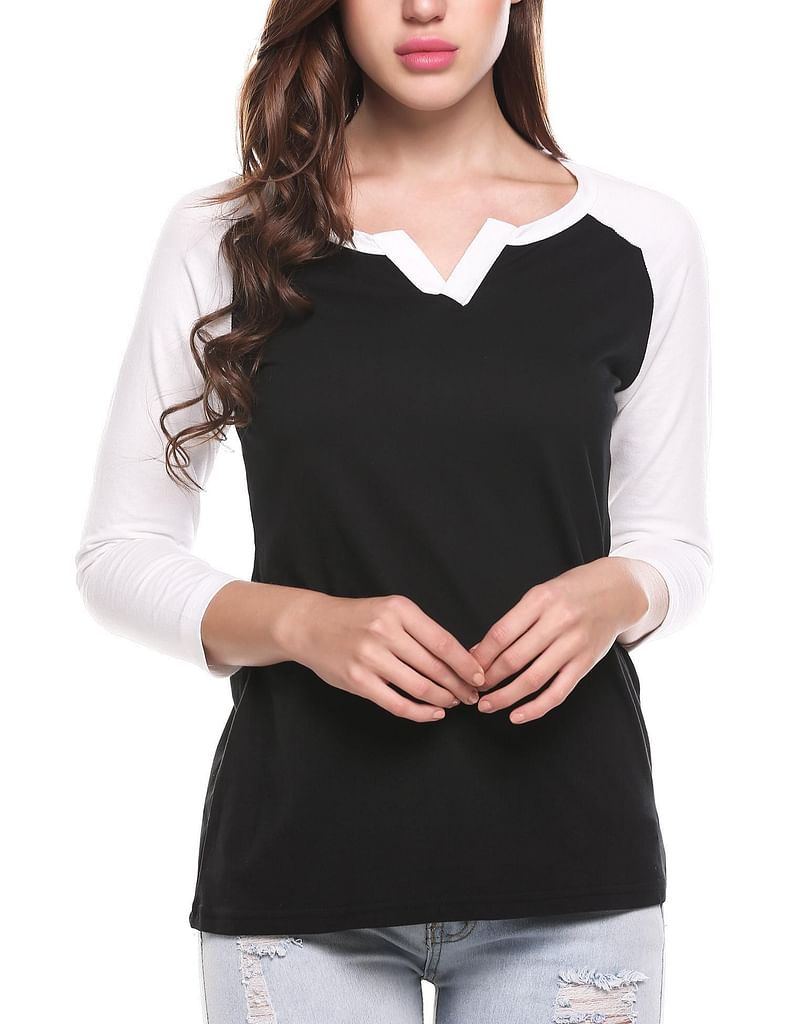 Black New Women Casual V-Neck 3/4 Sleeve Patchwork Contrast Color T-Shirt