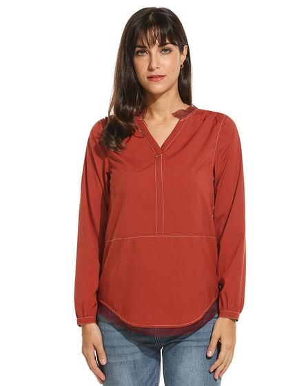 Red New Women Casual V-Neck Long Sleeve Solid Yarn Patchwork Blouse Top T-Shirt