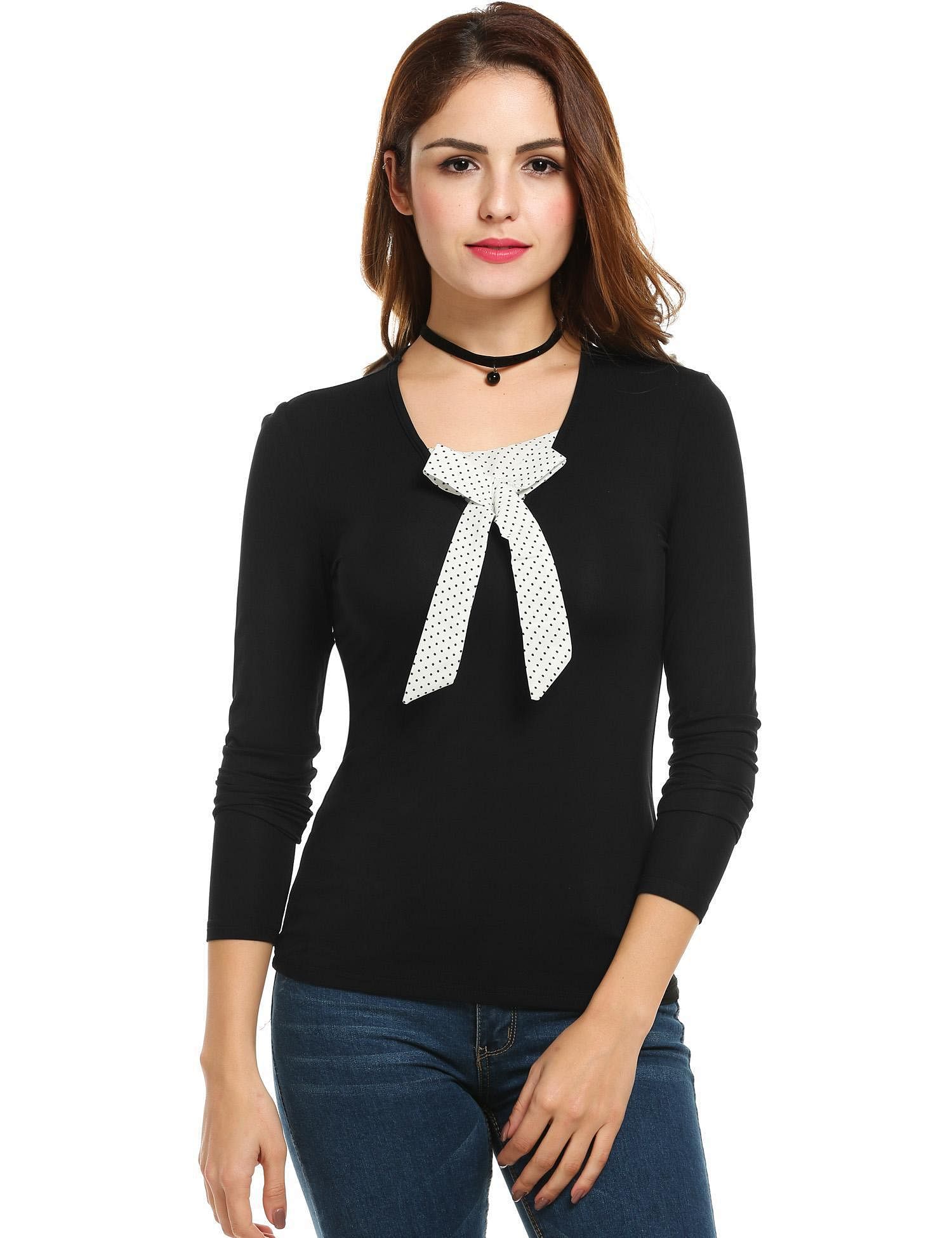 Black Women Casual Long Sleeve V Neck Patchwork Slim Pullover T Shirt