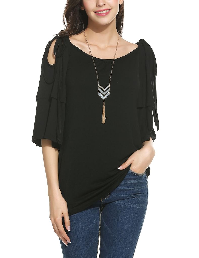 Black New Women Casual O-Neck Half Ruffle Sleeve Off Shoulder Adjustable Lace-up Elastic T-Shirt Top