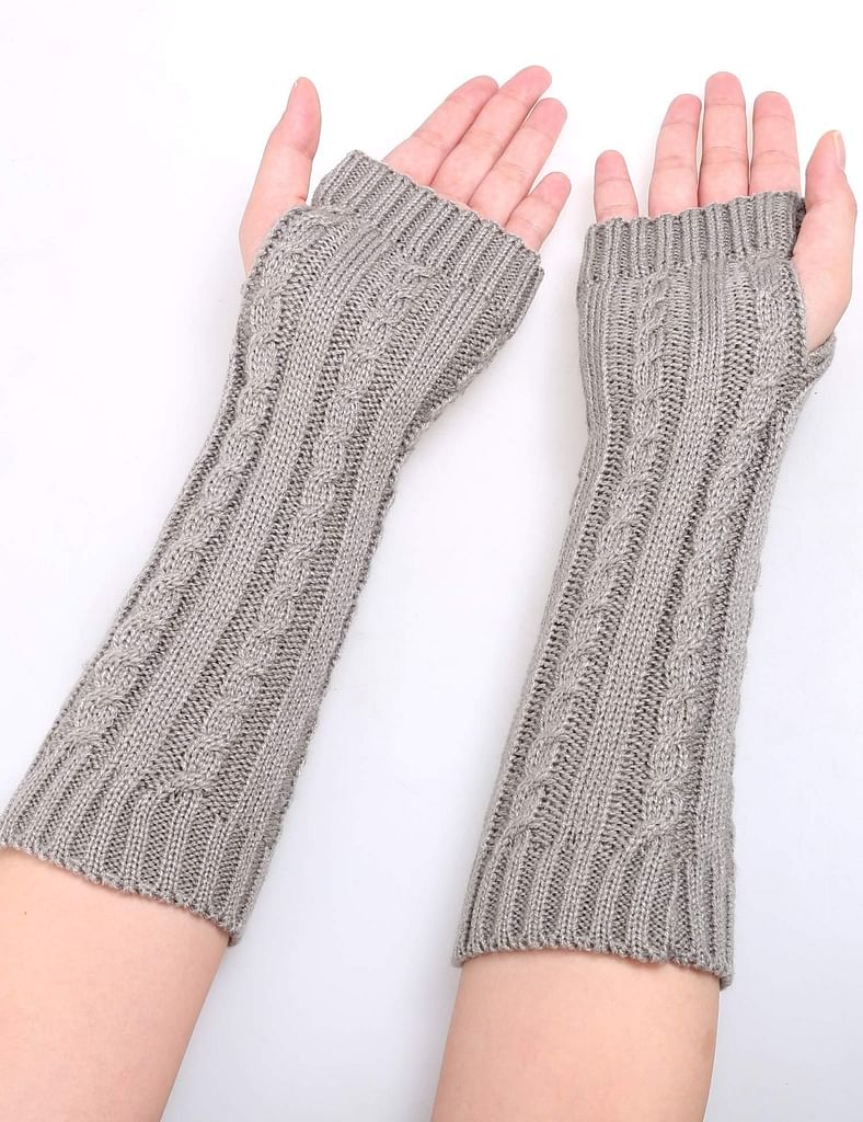 Gray New Women Winter Arm Warmers Half Finger Knitted Fingerless Gloves