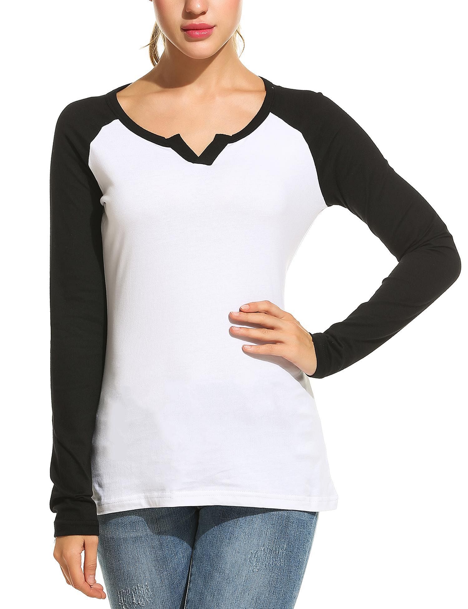 Black New Women Casual V-Neck 3/4 Sleeve Patchwork Contrast Color T-Shirt