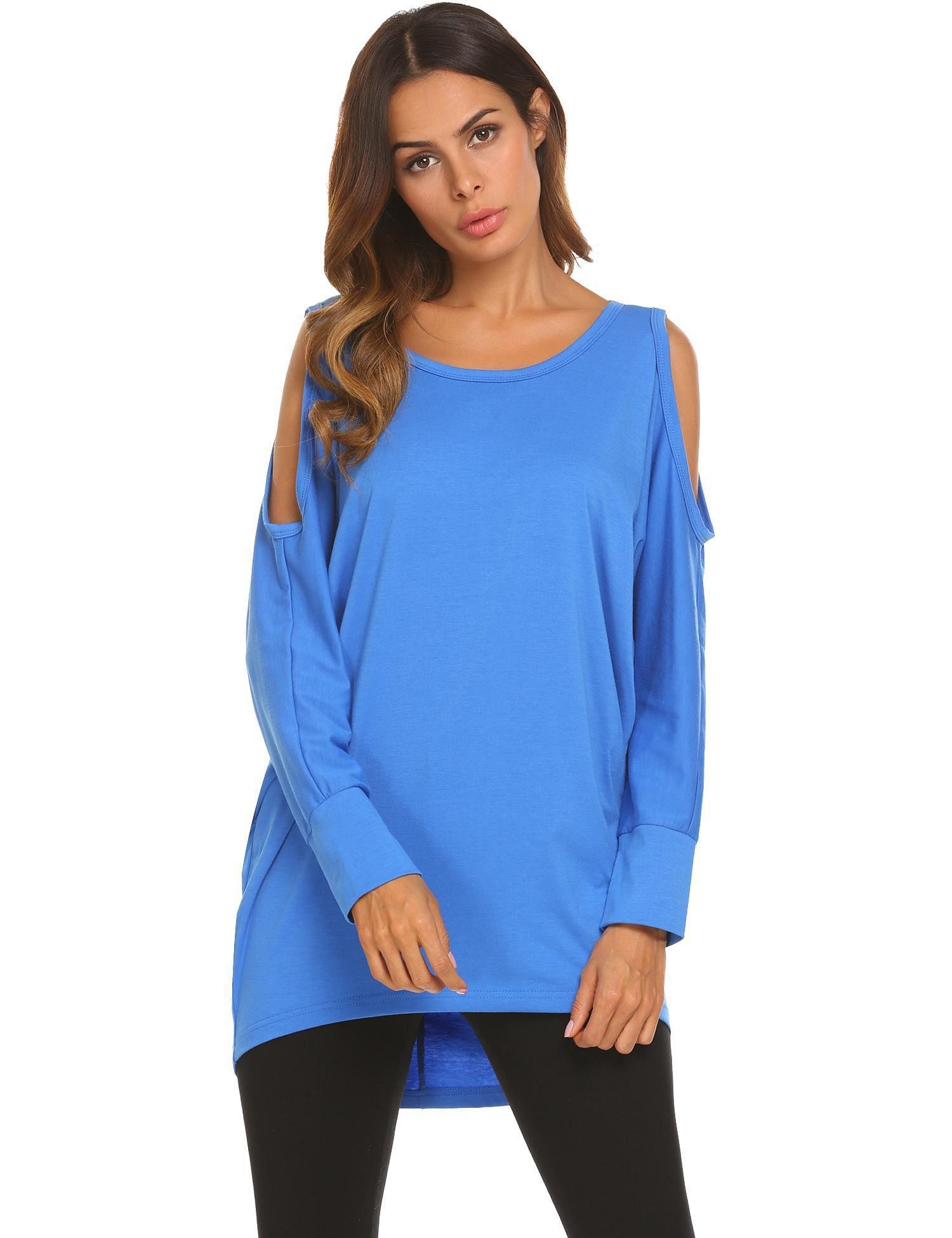 Blue Women Loose O-Neck Bat Sleeve Cold Shoulder Irregular Hem T-Shirt Basic Tee