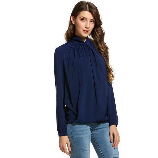 White Women Knot Stand Collar Long Sleeve Solid Draped Loose Blouse Tops