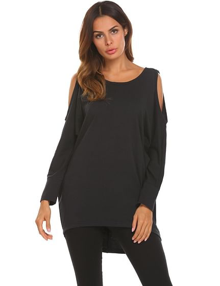 Black Women Loose O-Neck Bat Sleeve Cold Shoulder Irregular Hem T-Shirt Basic Tee