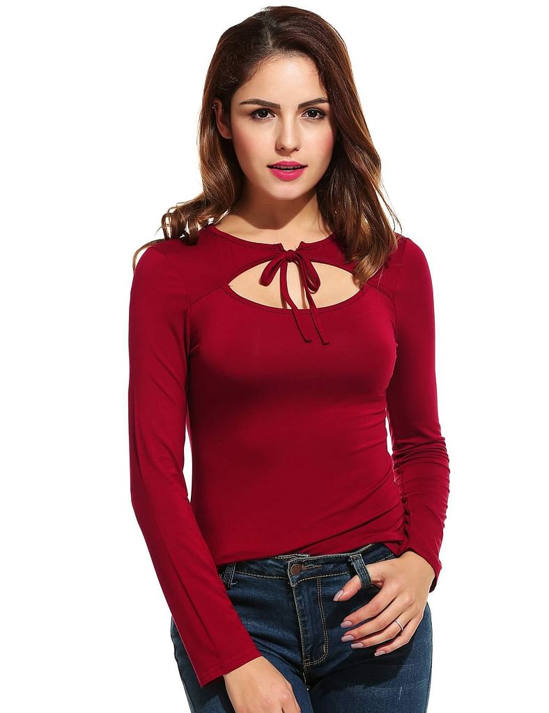 Wine Red Women Fashion Sexy Slim Keyhole Long Sleeve Solid T-Shirt