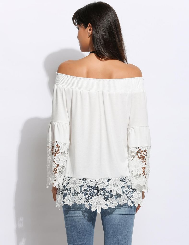 Black Sexy Women Off Shoulder Slash Neck Flare Sleeve Lace Patchwork Blouse Tops