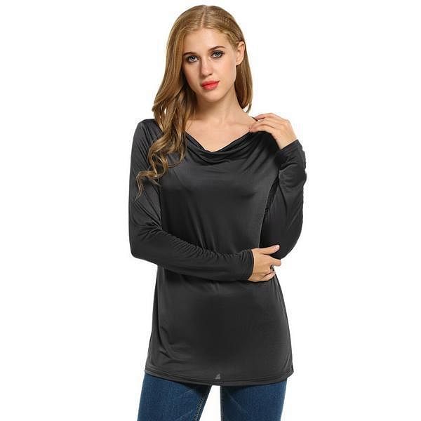 Dark Gray Women Fashion Loose Cowl Neck Long Sleeve Solid T-Shirt Top