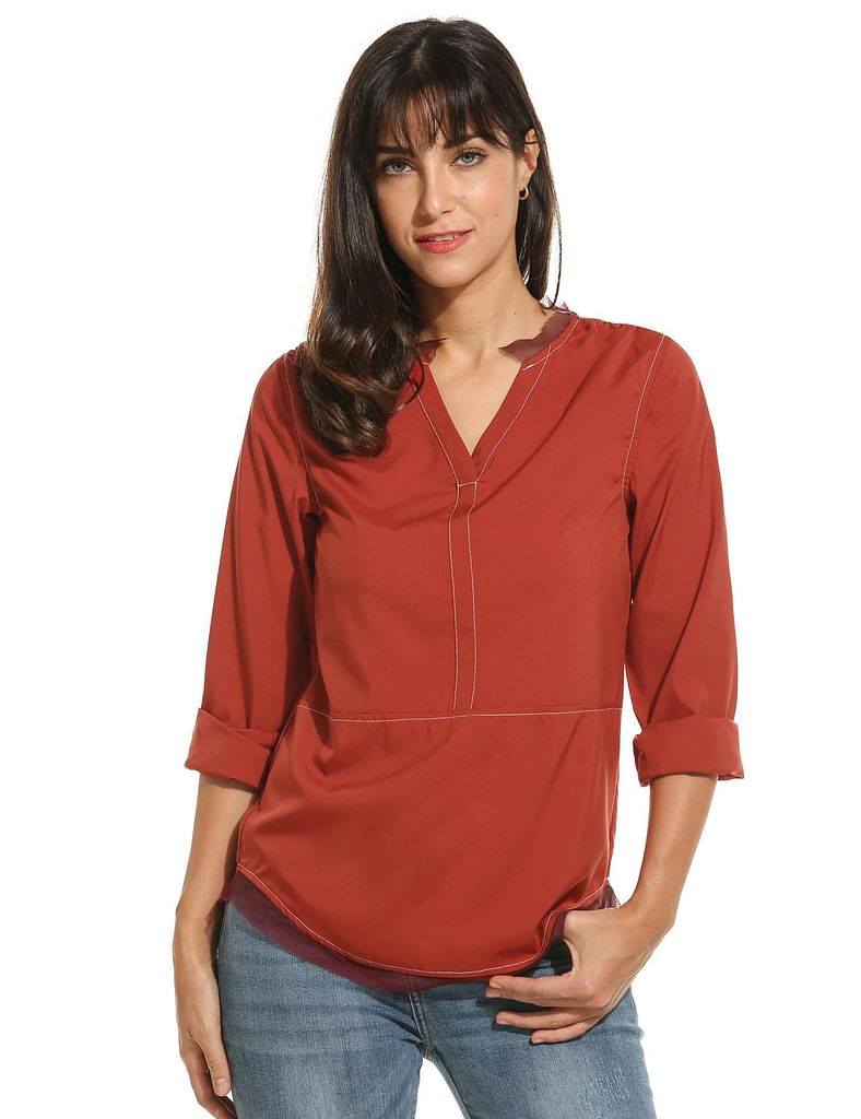 Red New Women Casual V-Neck Long Sleeve Solid Yarn Patchwork Blouse Top T-Shirt