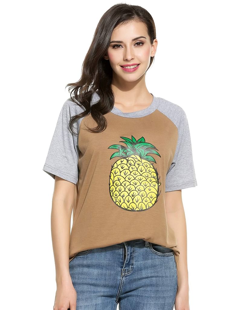 Army Green Women Casual Round Neck Raglan Short Sleeve Contrast Color Patchwork Pineapple Print T-Shirt Tees