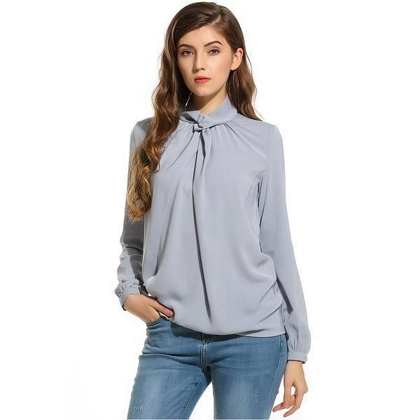 White Women Knot Stand Collar Long Sleeve Solid Draped Loose Blouse Tops