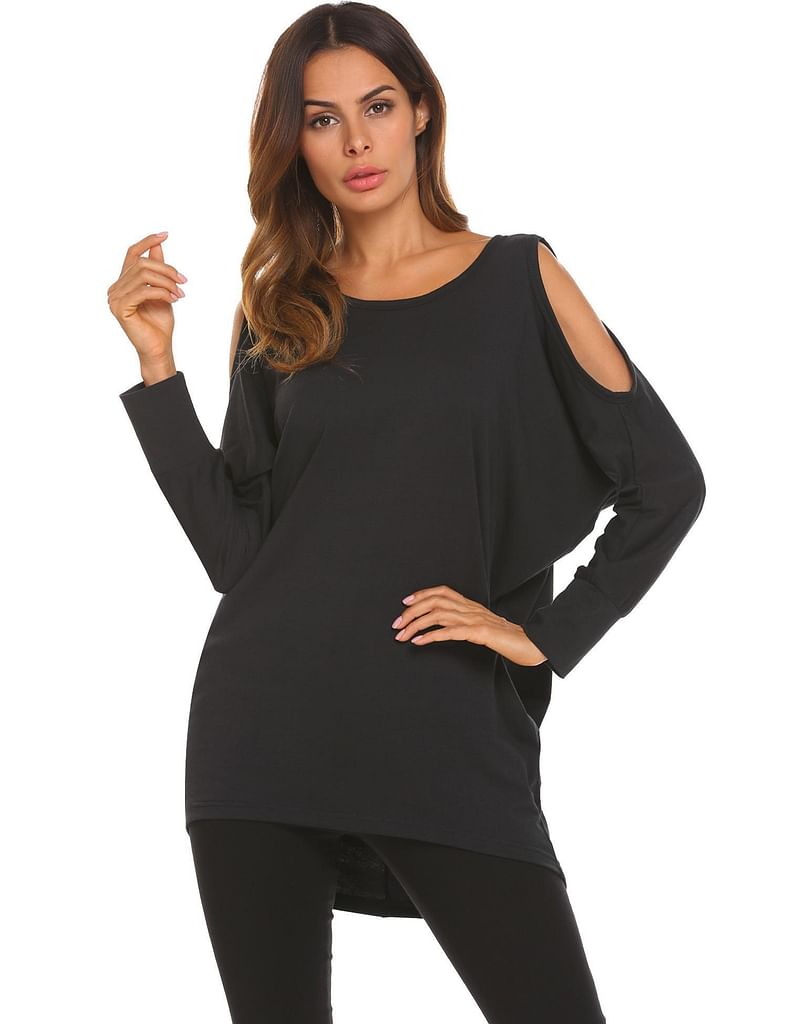 Black Women Loose O-Neck Bat Sleeve Cold Shoulder Irregular Hem T-Shirt Basic Tee